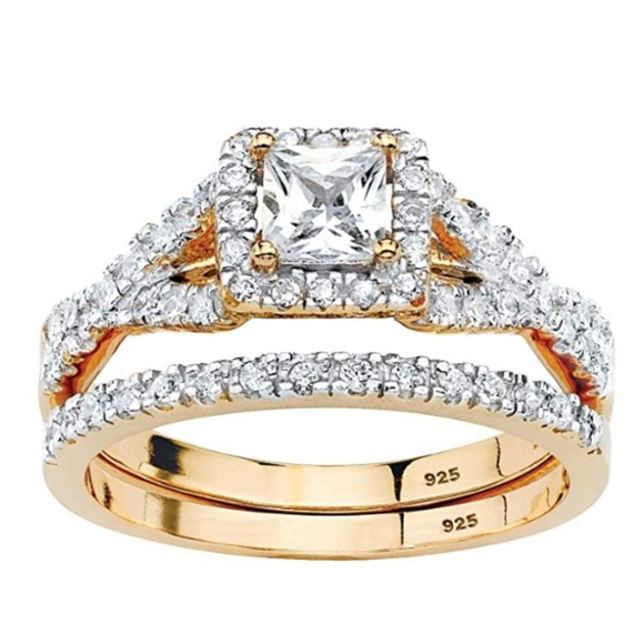18K Gold over Sterling Halo CZ Ring Set - Picture 1 of 8